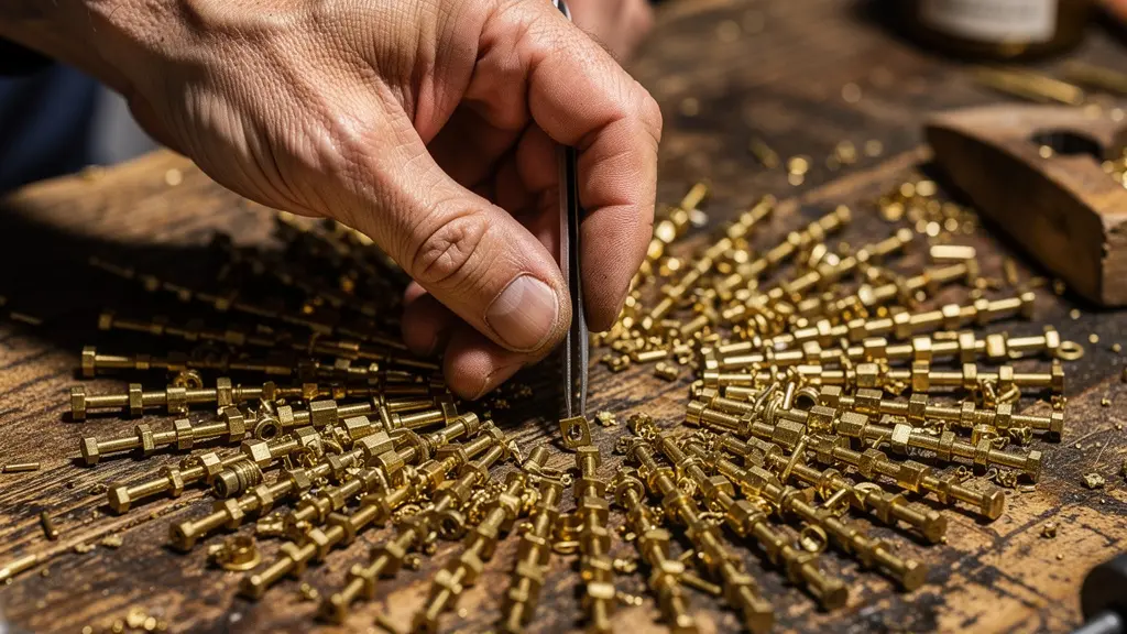 Close-up of focused hands meticulously sorting hundreds of tiny metal components on wooden workbench