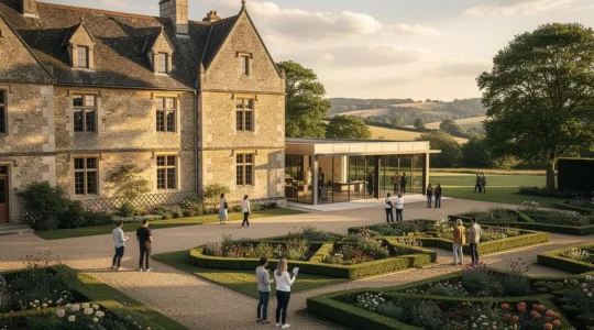 Historic heritage building with modern visitors engaging through digital technology and traditional tourism