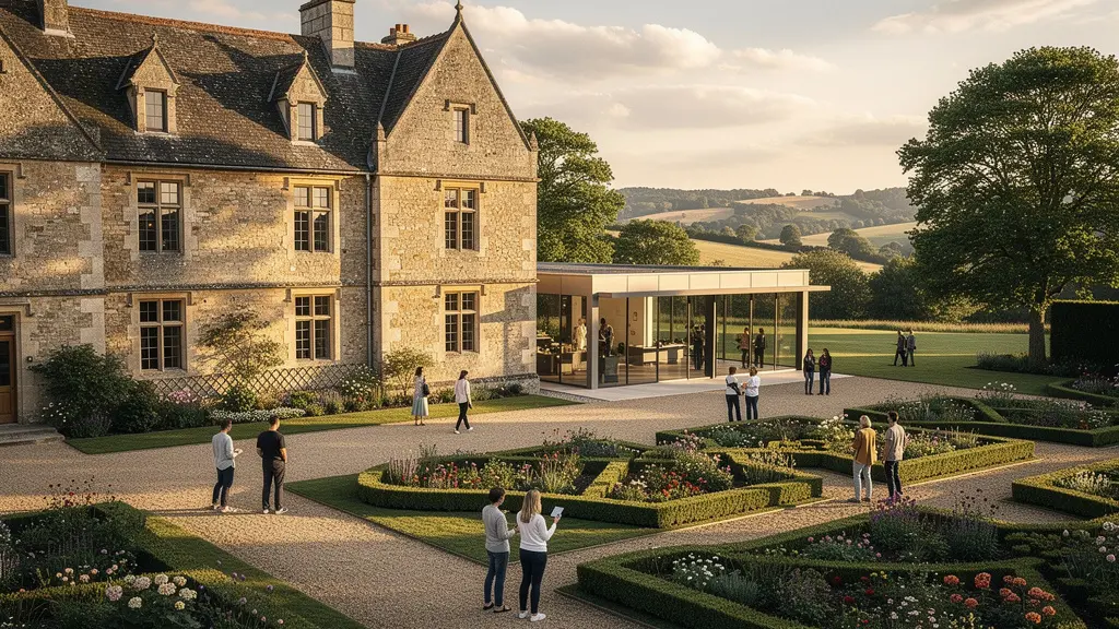 Historic heritage building with modern visitors engaging through digital technology and traditional tourism