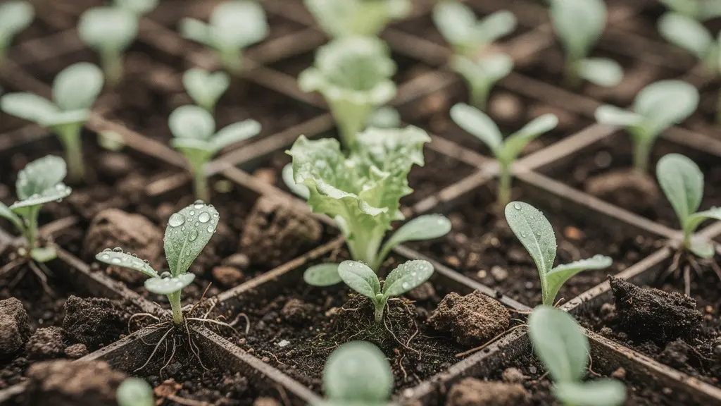 Extreme close-up of young vegetable seedlings planted in a triangular hexagonal spacing pattern in rich dark soil, showing the tight geometric arrangement of biointensive gardening.