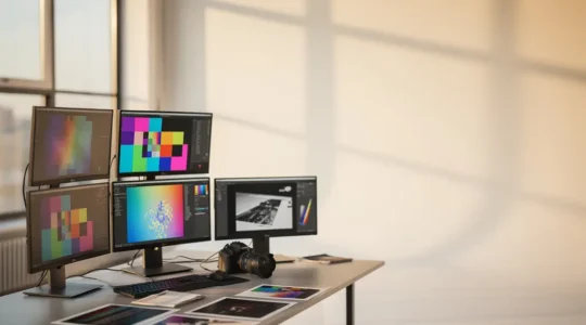 Professional photography studio workspace with multiple computer monitors displaying image optimization tools and file compression interfaces, golden hour lighting through windows