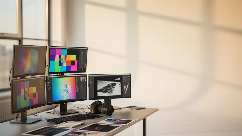 Professional photography studio workspace with multiple computer monitors displaying image optimization tools and file compression interfaces, golden hour lighting through windows