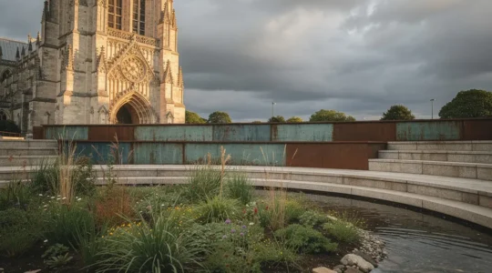 Historic monument with modern flood protection systems integrated into a landscaped environment