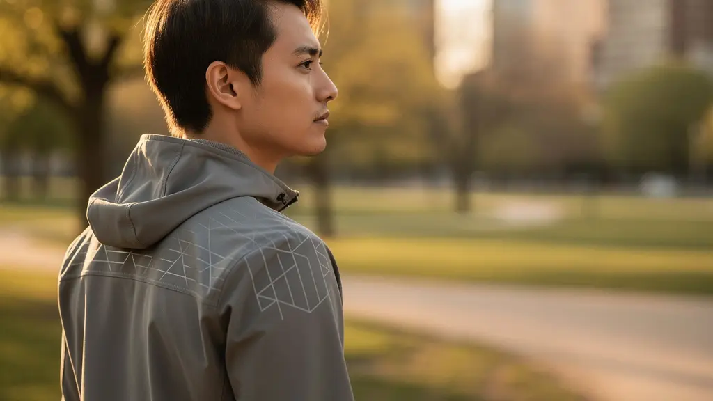 Wide angle view of person wearing smart jacket in outdoor environment showing integrated energy systems
