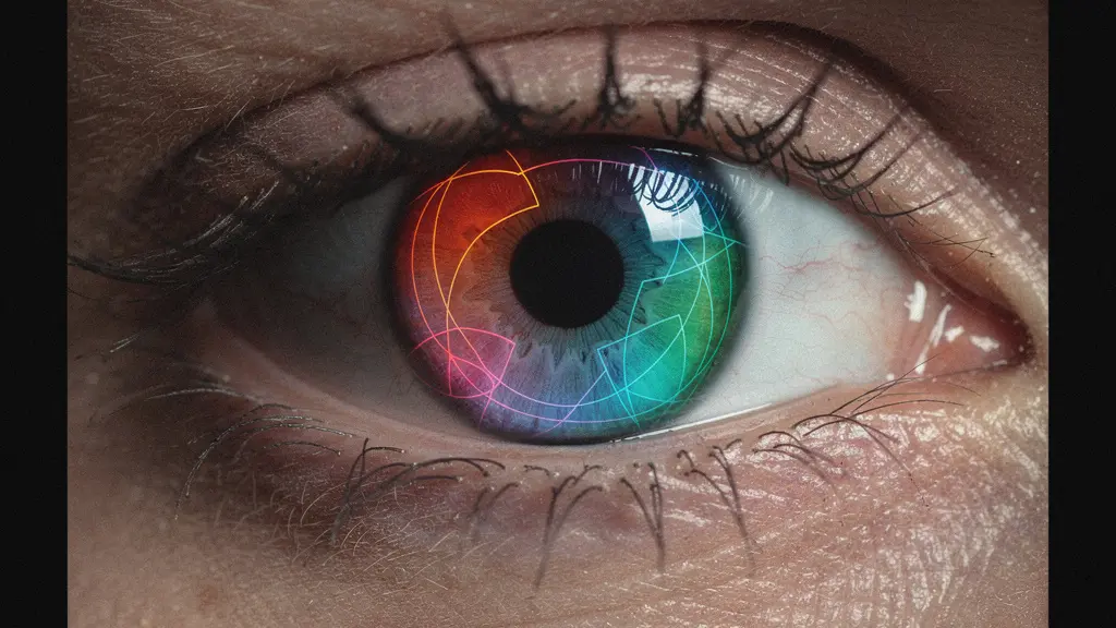 Macro close-up of human eye pupil dilating with reflection showing loading progress bar transitioning from red to green