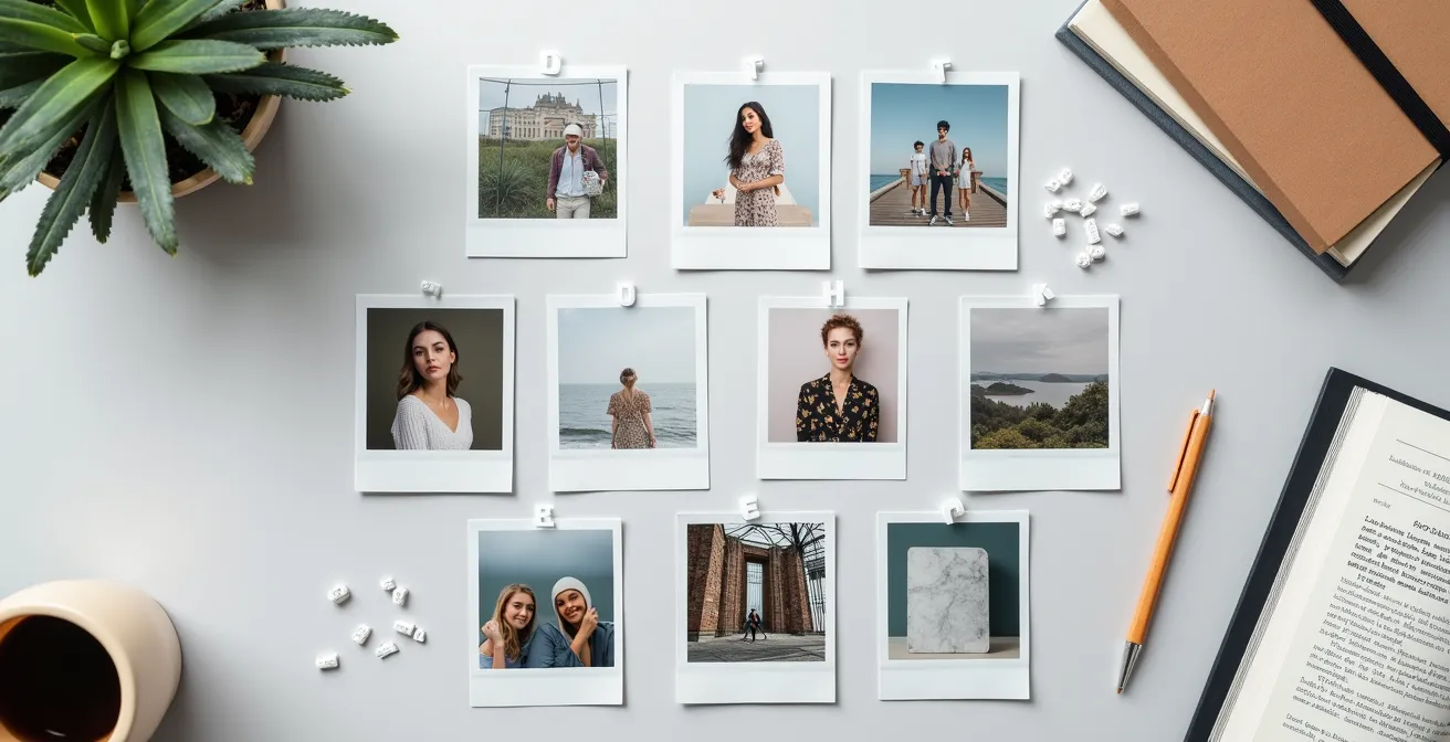 Overhead view of a designer's workspace with photo prints arranged in thematic clusters rather than rigid patterns