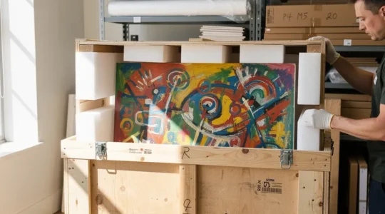 Professional artist carefully securing large acrylic canvas in custom-built wooden shipping crate with ethafoam padding