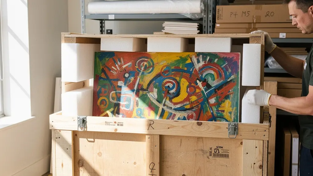 Professional artist carefully securing large acrylic canvas in custom-built wooden shipping crate with ethafoam padding