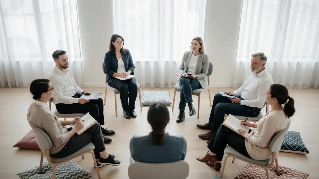 Small intimate book club circle with focus on a quiet member about to speak