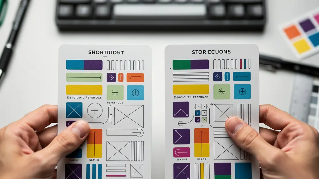 Hands mapping keyboard shortcuts between two reference sheets on designer desk