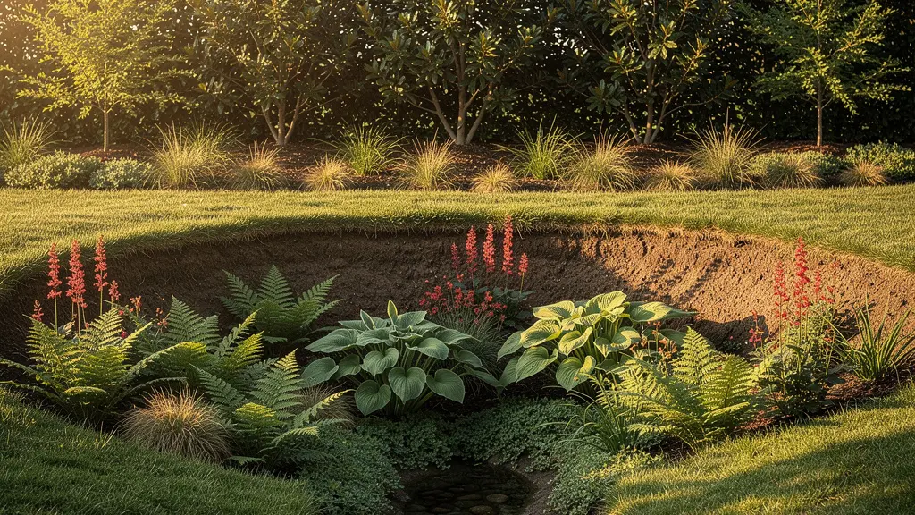 A gently sloping landscaped berm planted with a dense evergreen hedge along a property line, with a sunken rain garden visible in the foreground at golden hour.