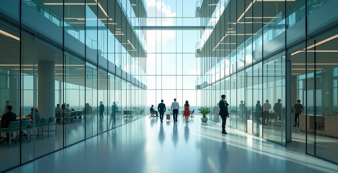 Architectural image of a glass building with multiple transparent floors, symbolizing the layers of information in progressive disclosure from a high-level executive view to detailed technical depths.