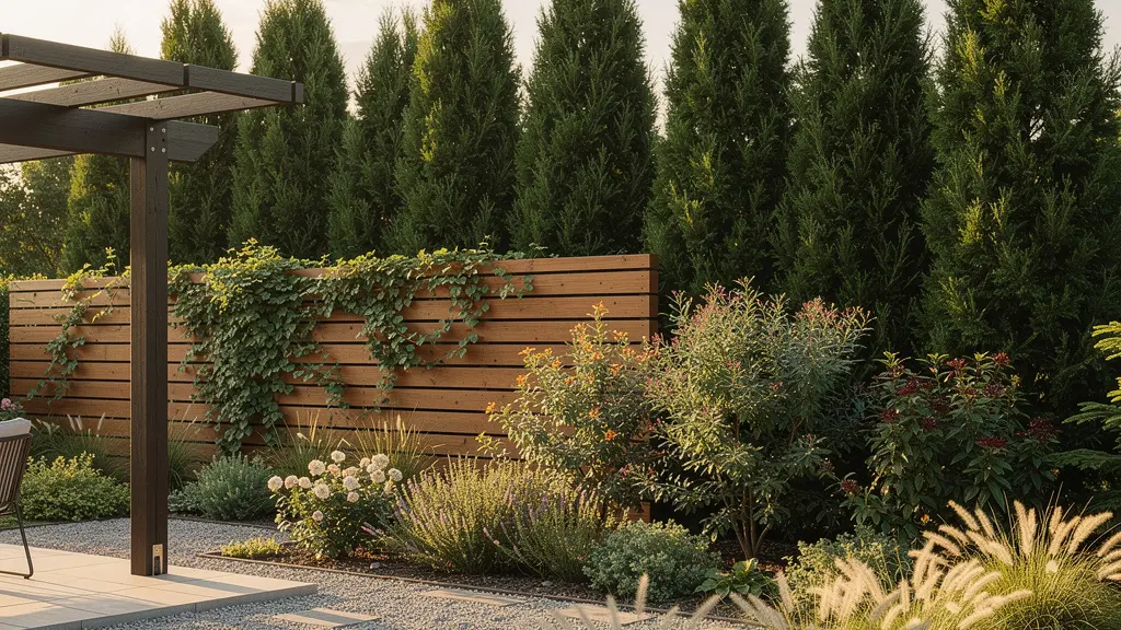 A layered backyard privacy landscape combining evergreen trees, mid-level shrubs, and a modern wooden fence with a pergola, creating a secluded green sanctuary.