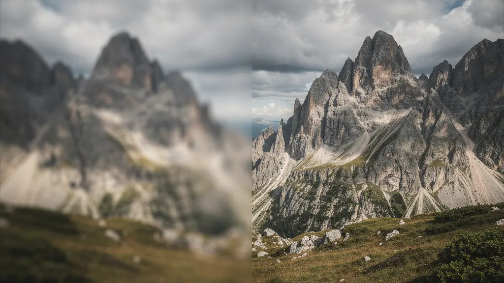 Split-screen comparison showing blurred placeholder transitioning to sharp high-resolution landscape photograph