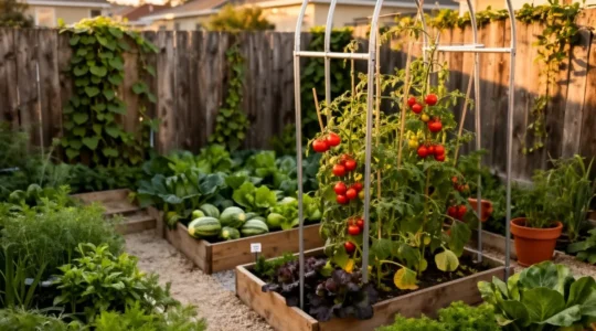 Aerial view of a densely planted small urban backyard vegetable garden with raised beds, vertical trellises, and lush green foliage in warm afternoon light.
