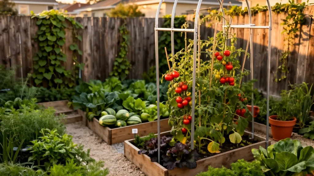 Aerial view of a densely planted small urban backyard vegetable garden with raised beds, vertical trellises, and lush green foliage in warm afternoon light.
