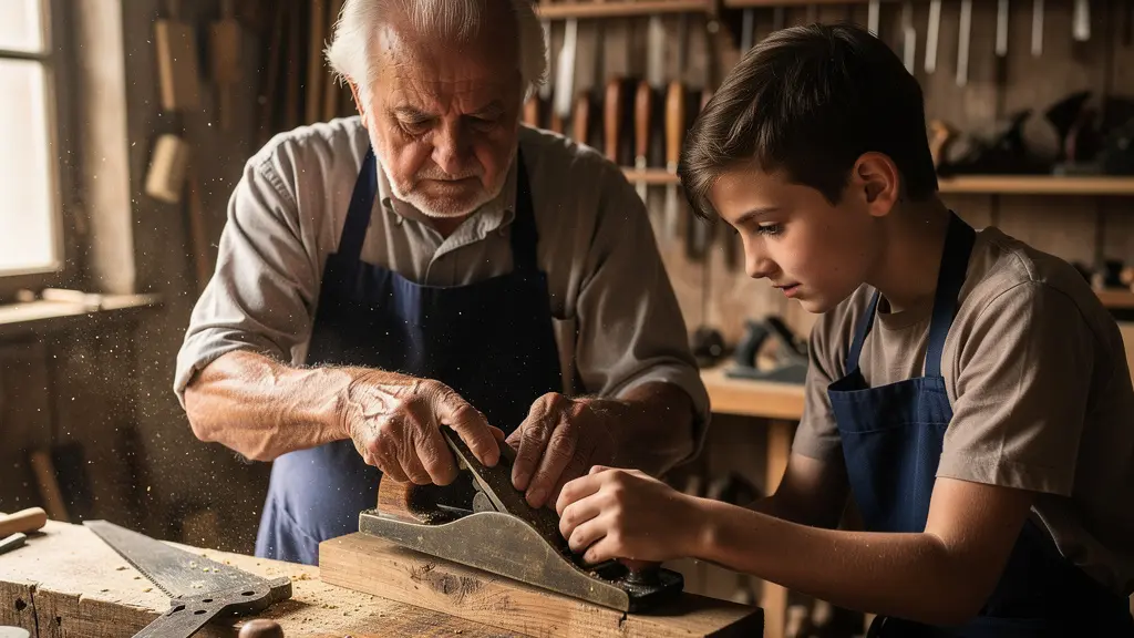 Master craftsman guiding apprentice's hands in traditional workshop filled with heritage tools