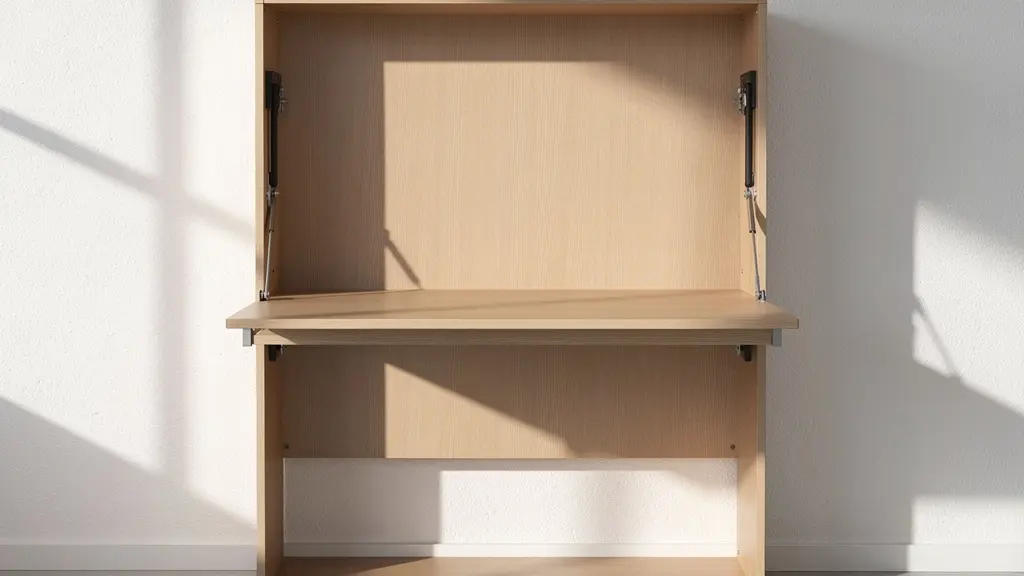 A minimalist wall-mounted Murphy bed with an integrated desk, showing a clean two-function design.