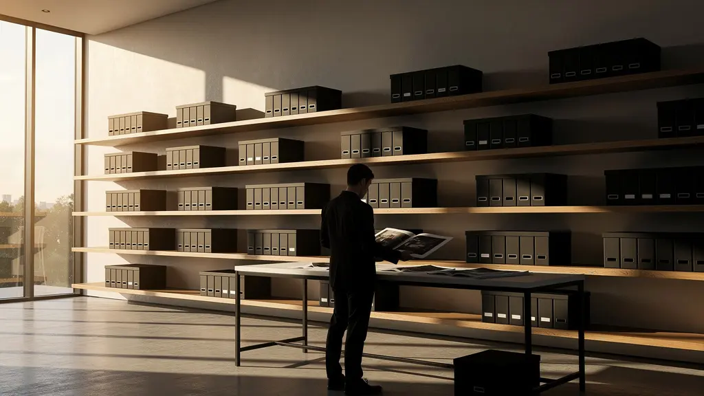 Wide angle view of clean photographer workspace with organized archival storage setup