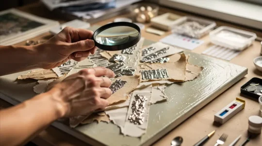 Artist examining mixed media artwork with magnifying glass showing layers and chemical preservation techniques