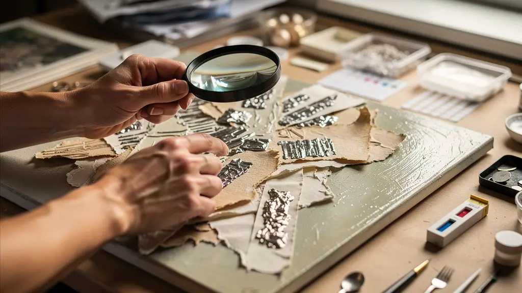 Artist examining mixed media artwork with magnifying glass showing layers and chemical preservation techniques