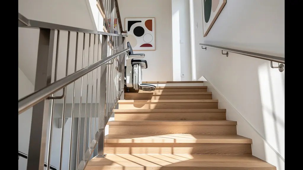 Contemporary staircase with a sleek, modern stairlift integrated into the home's elegant design