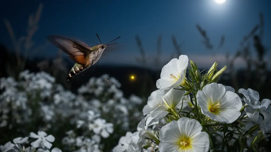 A serene moon garden at twilight with white native evening primrose flowers glowing softly under natural moonlight while a moth approaches