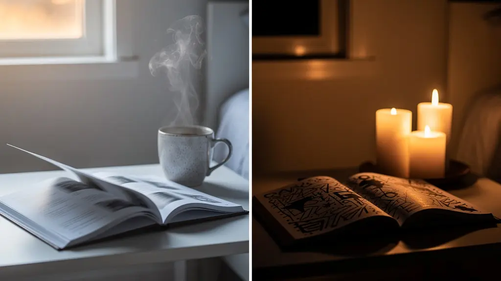 Split scene showing morning and evening writing environments