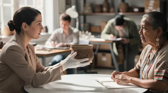 Museum curator and cultural representatives examining ancient artifacts in a collaborative setting