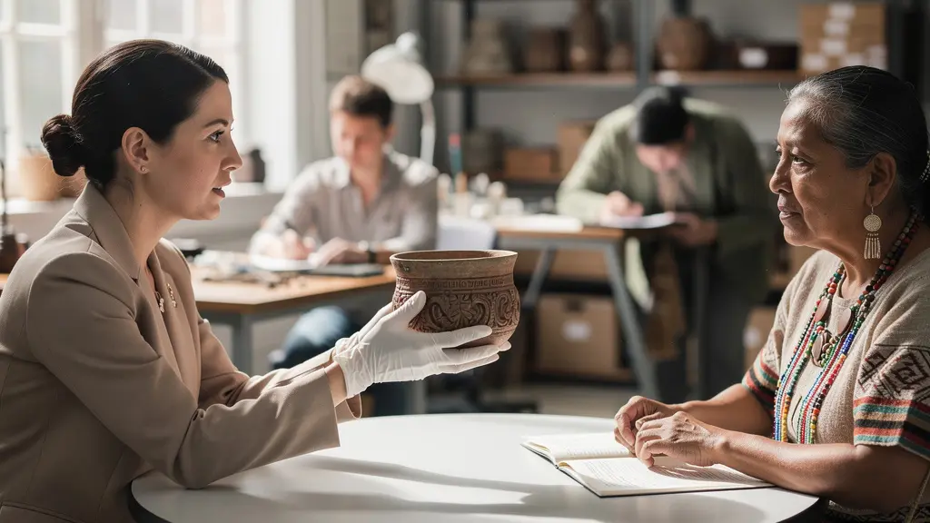 Museum curator and cultural representatives examining ancient artifacts in a collaborative setting