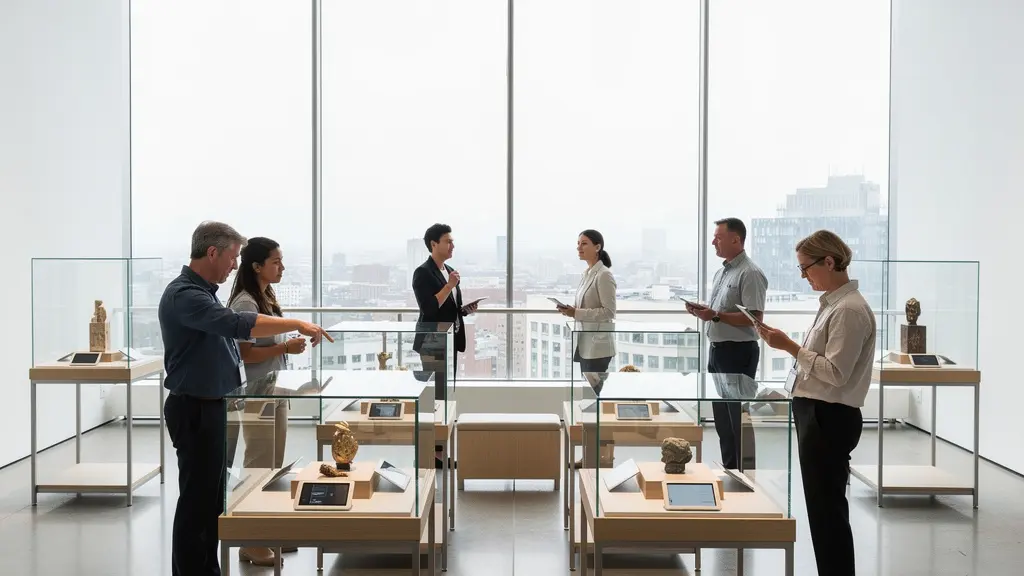 Modern museum space designed for public transparency with community members reviewing documents