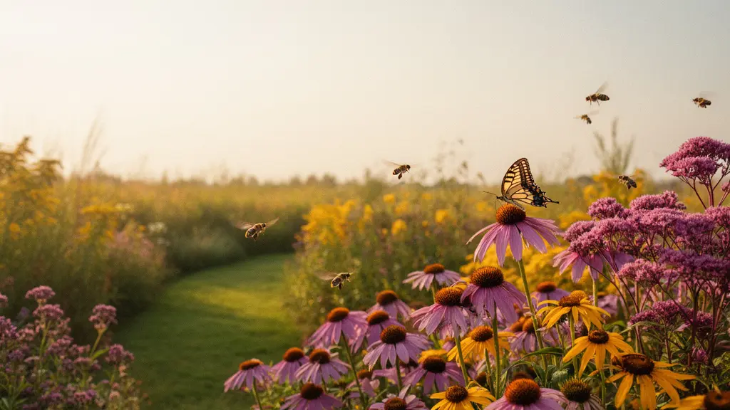 A vibrant native plant garden in full bloom with native wildflowers attracting bees and butterflies under soft golden hour light