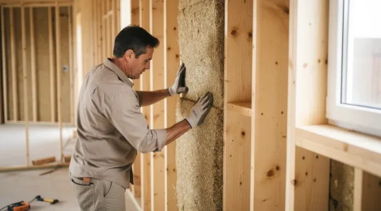 Professional installing hemp wool insulation in home wall cavity with tools nearby