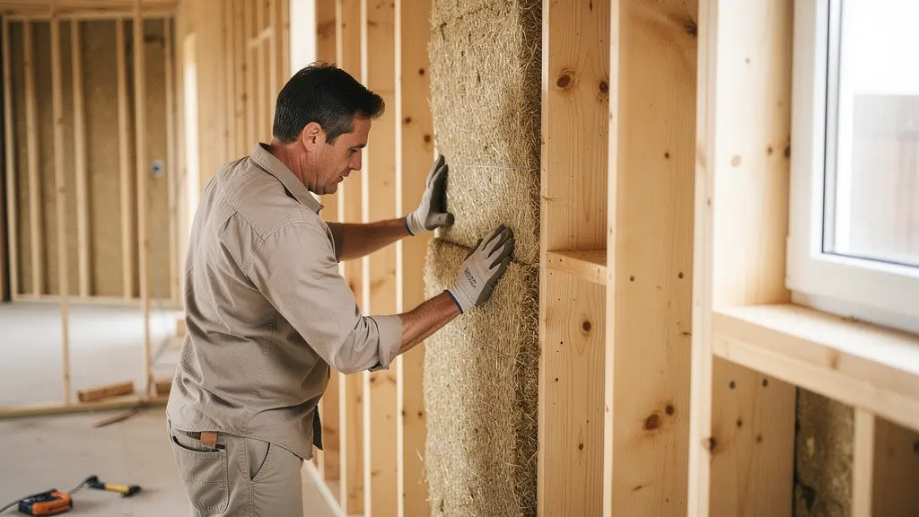 Professional installing hemp wool insulation in home wall cavity with tools nearby