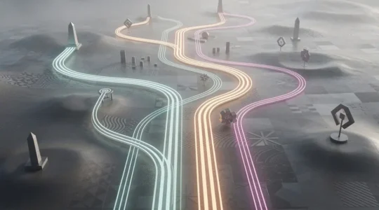 Intricate pathways branching through a mystical game world showing multiple narrative routes