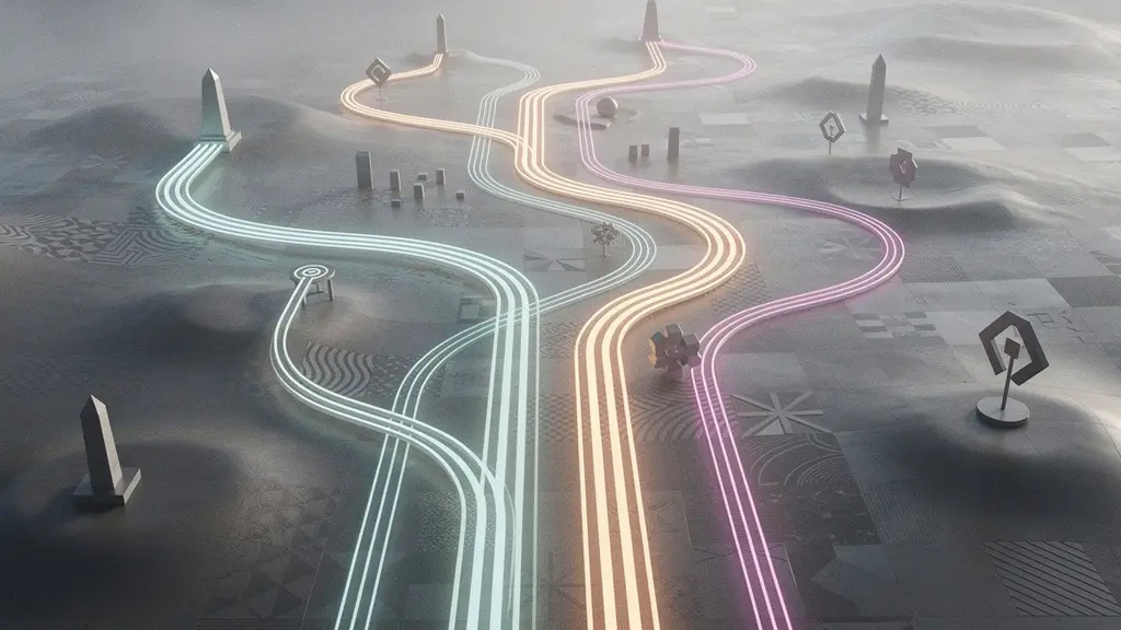 Intricate pathways branching through a mystical game world showing multiple narrative routes