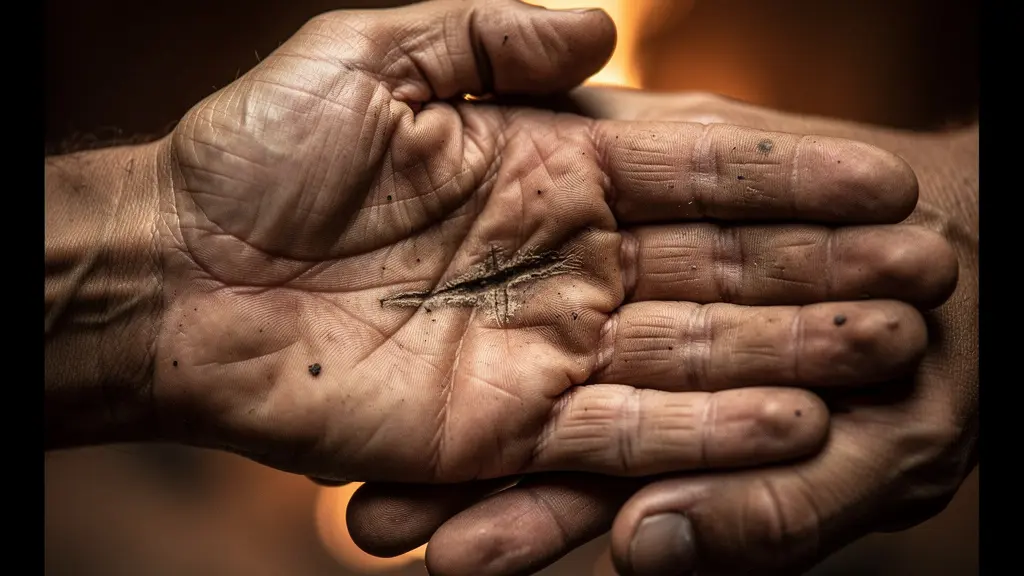 Close-up of weathered hands revealing a unique, identifying scar, symbolizing an authentic and hard-won detail in a brand story.