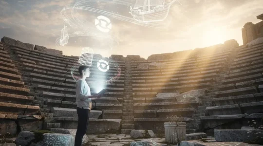 Modern storyteller weaving digital narratives in ancient amphitheater setting