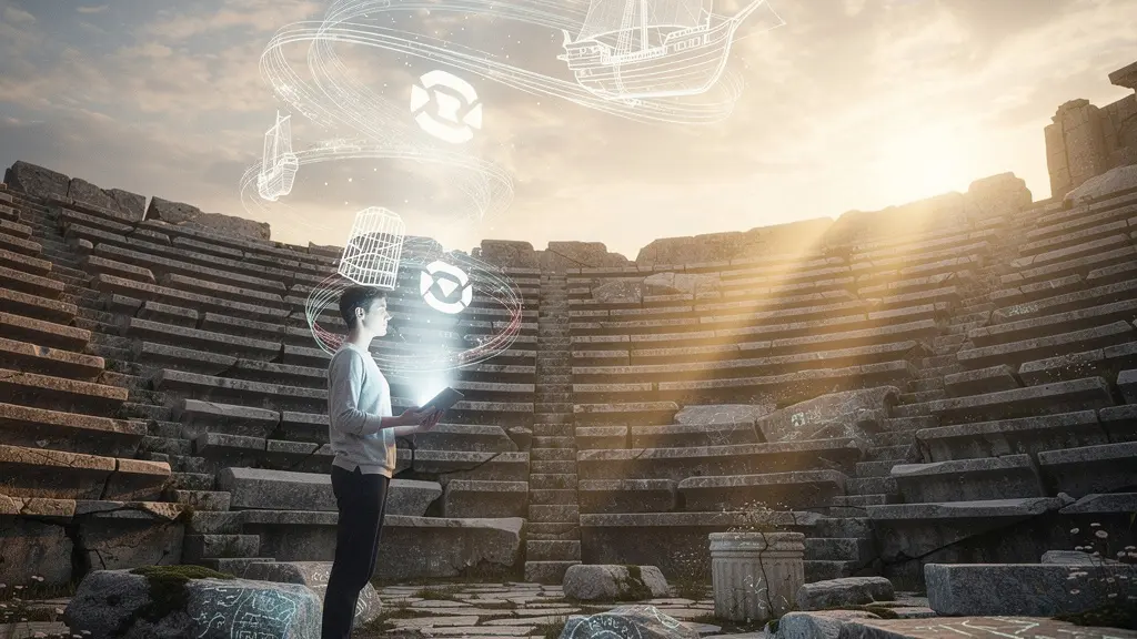 Modern storyteller weaving digital narratives in ancient amphitheater setting