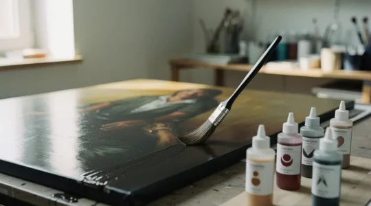 Professional artist applying varnish to a dark oil painting in studio with proper lighting and ventilation