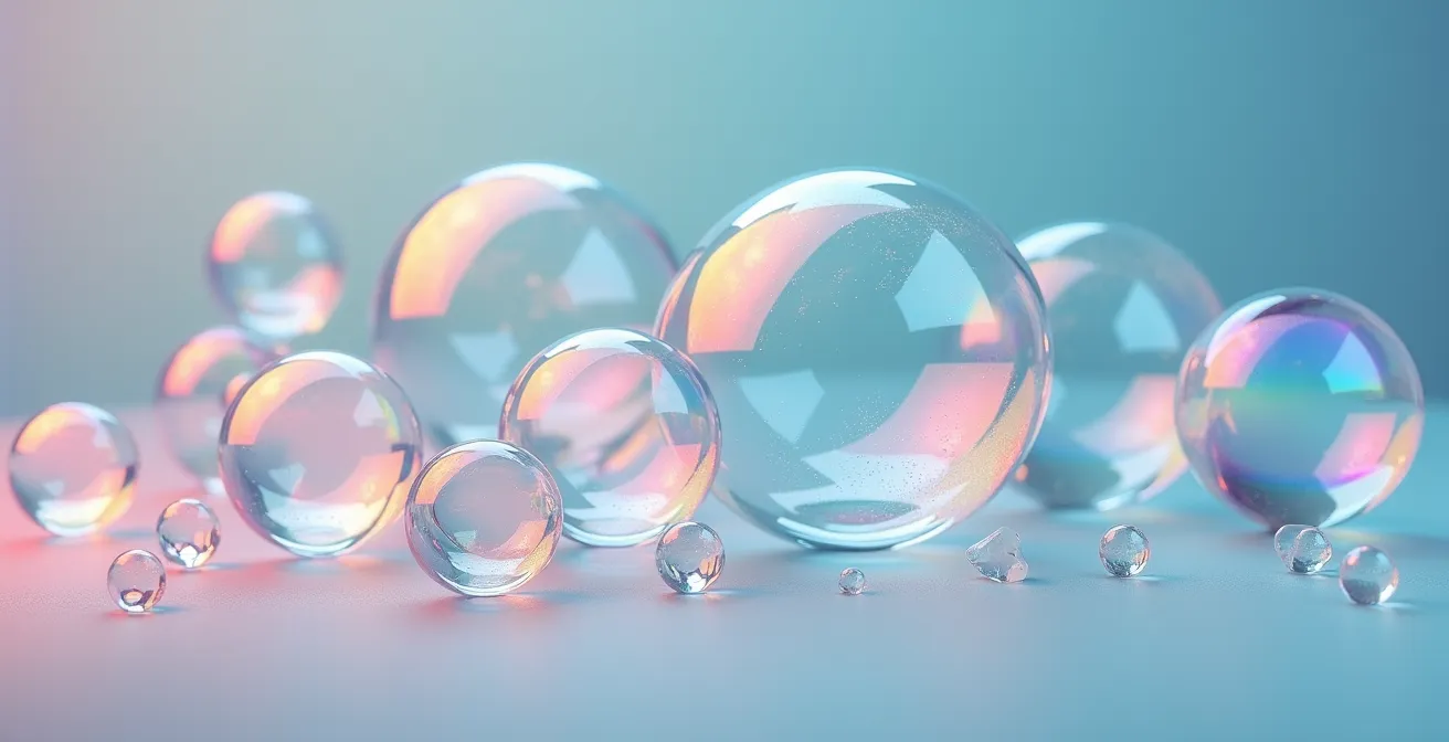 Macro photograph of various-sized soap bubbles, illustrating the challenge of accurately perceiving and comparing sizes based on area versus radius.