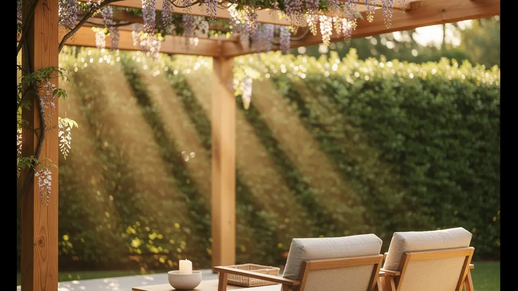 A modern wooden pergola draped with climbing vines creating a shaded outdoor living space at golden hour, with warm light filtering through the canopy.