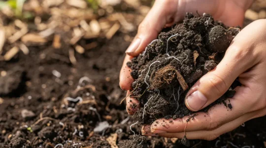 Hands carefully working with dark compost and healthy soil showing fungal networks