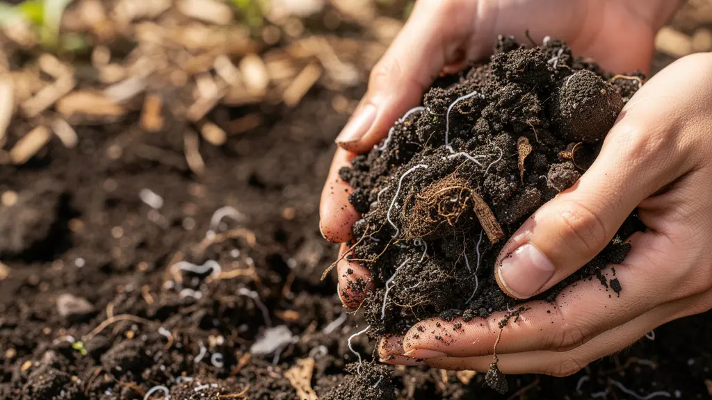 Hands carefully working with dark compost and healthy soil showing fungal networks