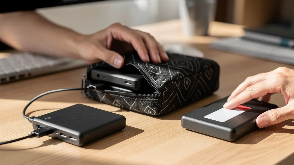 Hands arranging multiple backup drives in a systematic pattern showing the 3-2-1 backup workflow