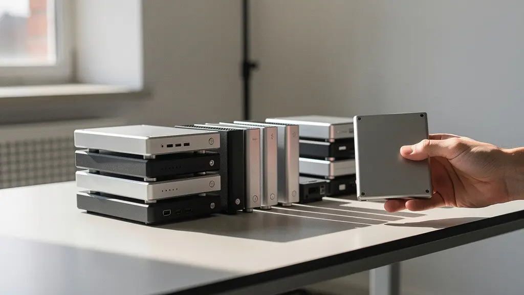 Professional photographer's workspace with multiple storage drives and archival equipment in a clean studio environment