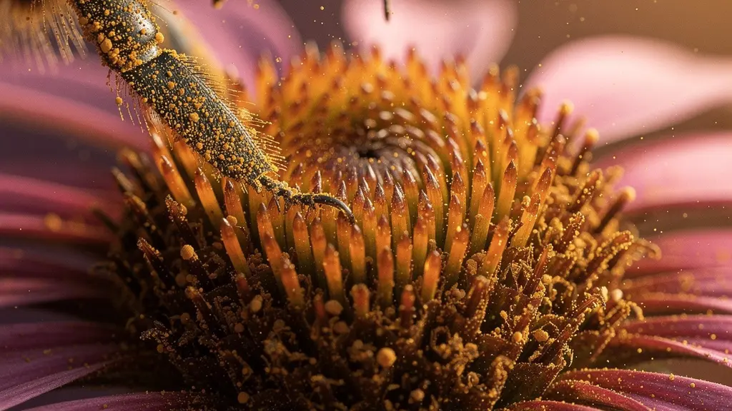 Extreme close-up macro photograph of a native wildflower stamen covered in textured golden pollen grains with a tiny bee leg visible