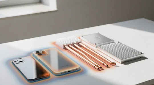 Engineering workspace showing thermal design of premium consumer electronics with heat dissipation visualizations
