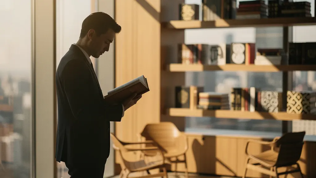 Professional immersed in reading within a modern office library setting