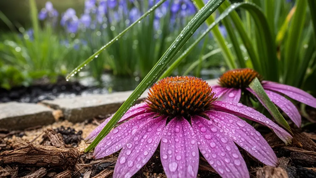 Cross-section view of rain garden showing three distinct planting zones with native flowers at different water tolerance levels